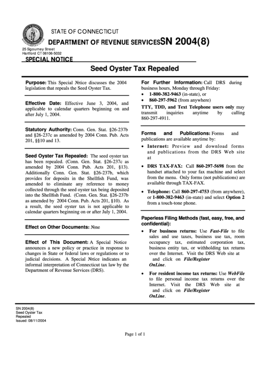 Form Sn - Seed Oyster Tax Repeale - State Of Connecticut Department Of Revenue Service - 2004 Printable pdf