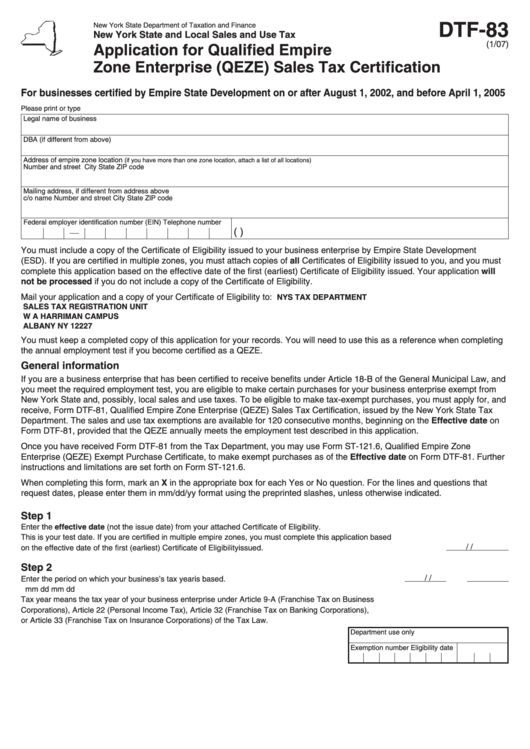 Form Dtf-83 - 2007 - Application For Qualified Empire Zone Enterprise Sales Tax Certification Printable pdf