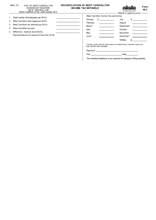 Form W-3 - Reconciliation Of West Carrollton Income Tax Withheld - City Of West Carrollton Division Of Taxation Printable pdf