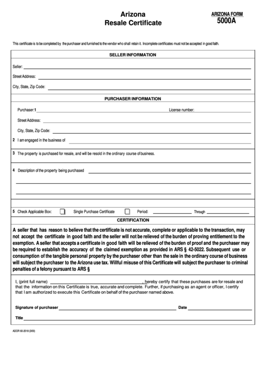 Fillable Form 5000a - Resale Certificate Printable pdf