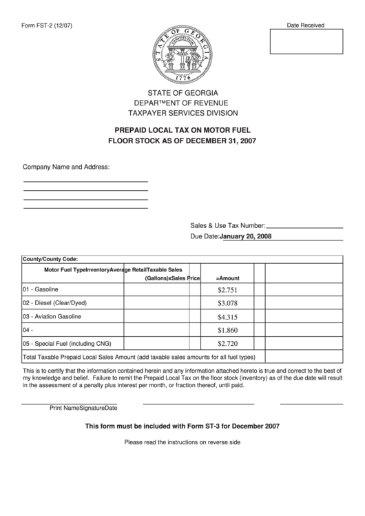 Prepaid Local Taxon Motor Fuel Floor Stock As Of December 31, 2007 Form - State Of Georgia Department Of Revenue Printable pdf