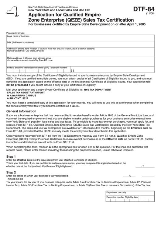 Form Dtf-84 - Application For Qualified Empire Zone Enterprise Sales Tax Certification Printable pdf