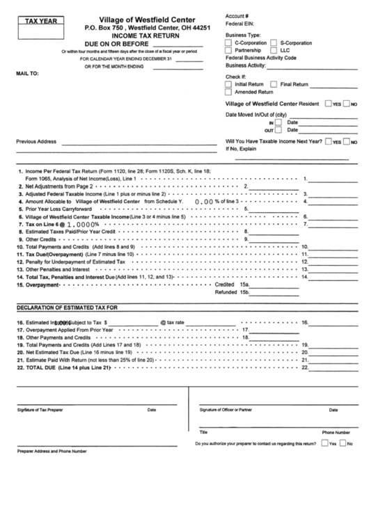 Inome Tax Return Form - Village Of Westfield Center Printable pdf