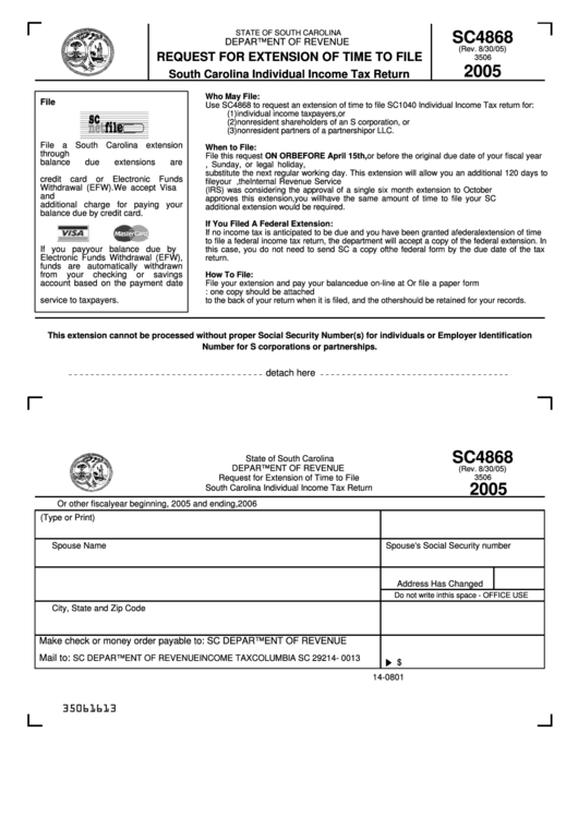 Form Sc4868 - Request For Extension Of Time To File South Carolina Individual Income Tax Return - 2005 Printable pdf
