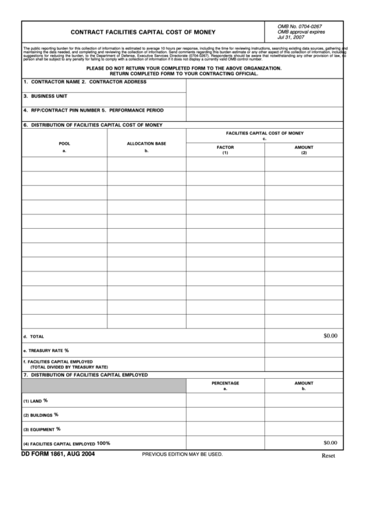 Fillable Form 1861 - Contract Facilities Capital Cost Of Money - Department Of Defence Printable pdf