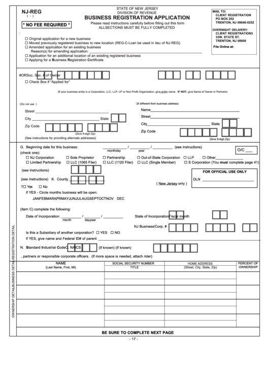 Fillable Form Nj Reg Business Registration Application 2010