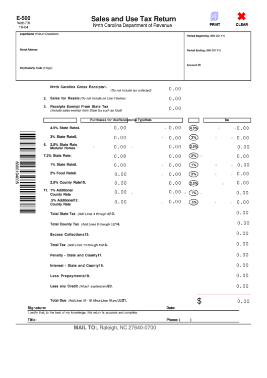 Form E-500 - Sales And Use Tax Return Printable pdf