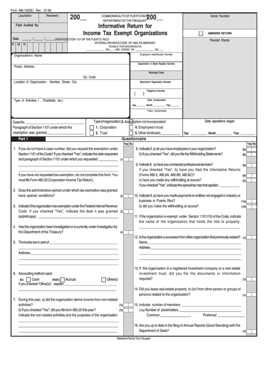 Form 480.70(Oe) - Informative Return For Income Tax Exempt Organizations July 2008 Printable pdf