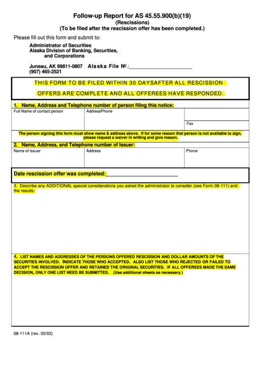 Fillable Form 08-111a - Follow-Up Report For As 45.55.900(B)(19) - Alaska Division Of Banking, Securities, And Corporations Printable pdf