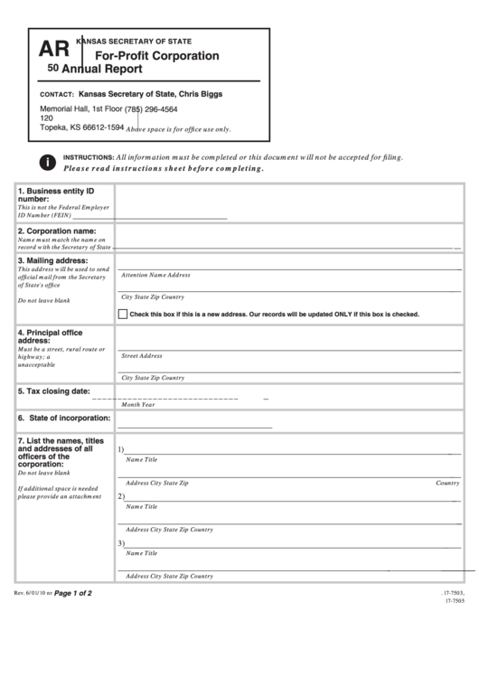 Form Ar 50 - For-Profit Corporation Annual Report Printable pdf