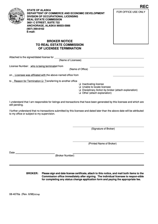 Form 08-4076a - Broker Notice To Real Estate Commission Of Licensee Termination Form - Department Of Commerce And Economic Development Printable pdf