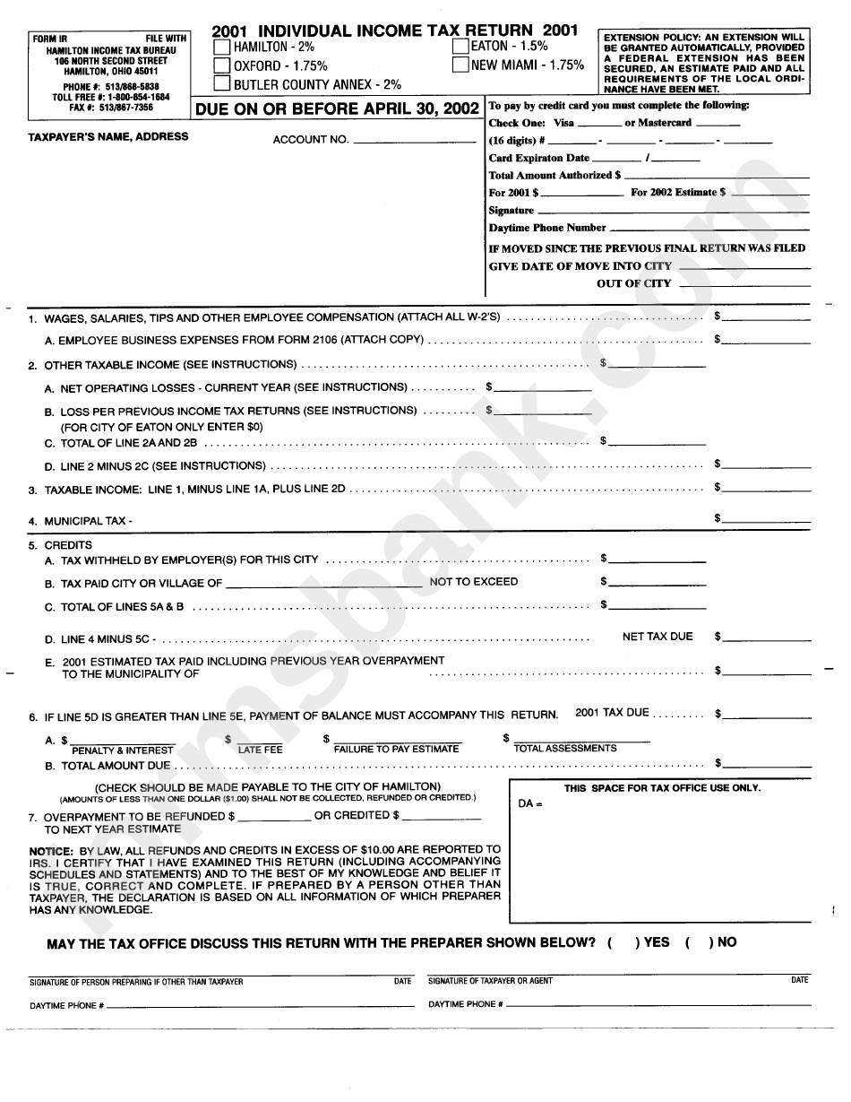 Form Ir - Individual Income Tax Return Form (2001) - Hamilton Income Tax Bureau