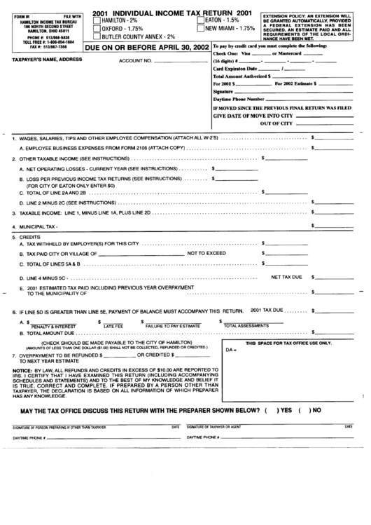 Form Ir - Individual Income Tax Return Form (2001) - Hamilton Income Tax Bureau Printable pdf