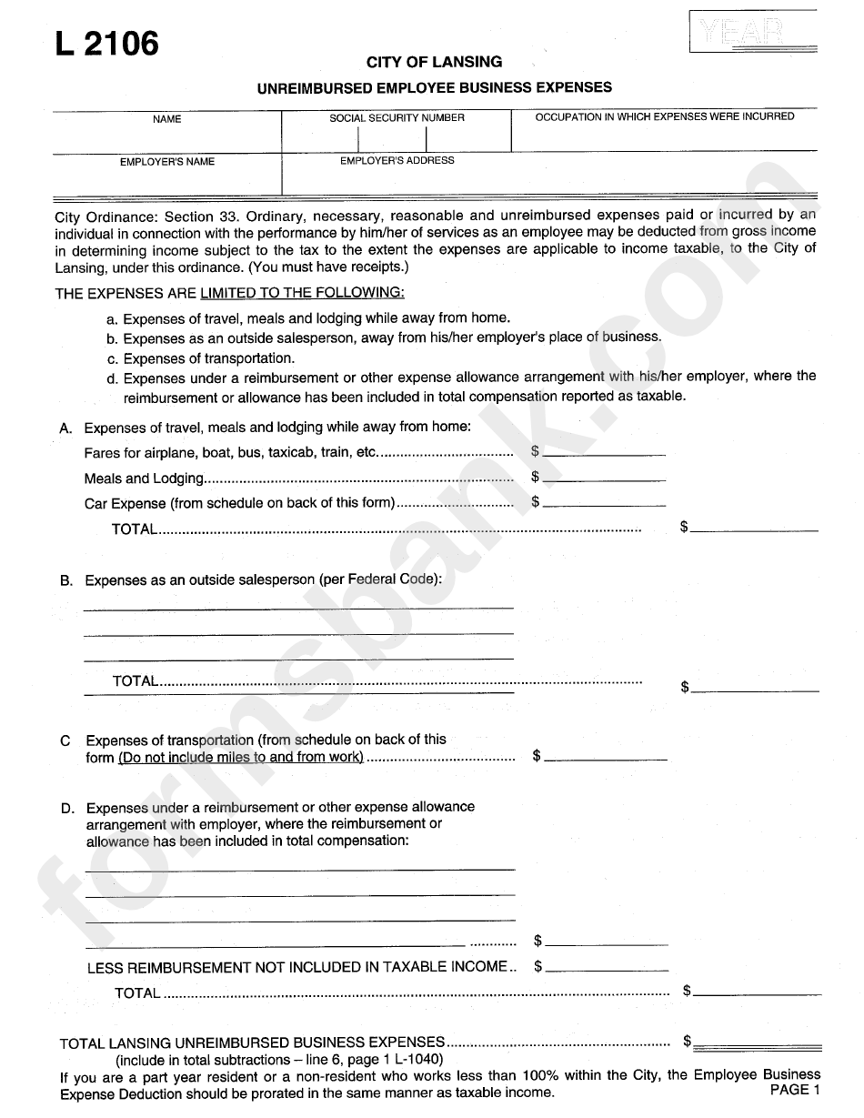Form L 2106 - Unreimbursed Employee Business Exoenses - City Of Lansing