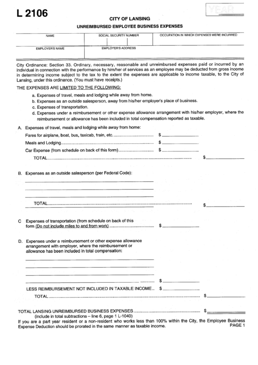 Form L 2106 - Unreimbursed Employee Business Exoenses - City Of Lansing Printable pdf