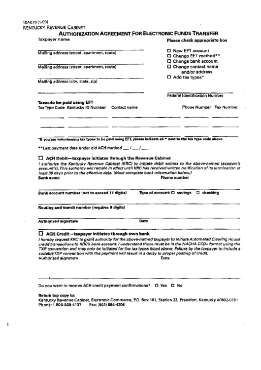Form 10a070 - Authorization Agreement For Electronic Funds Transfer Printable pdf