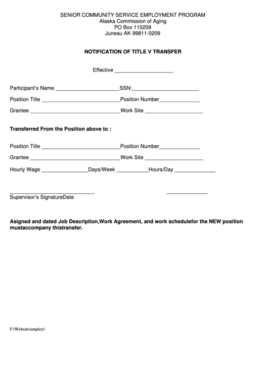 Senior Employment Program - Notification Of Title V Transfer Form - Alaska Commission Of Aging Printable pdf
