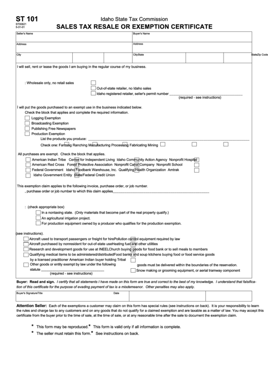 Form St 101 Sales Tax Resale Or Exemption Certificate Form Idaho 