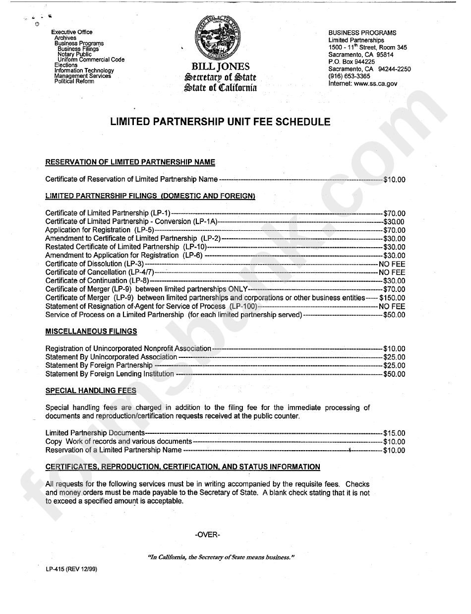 Form Lp-415 - Limited Partnership Unit Fee Schedule - Secretary Of State - California