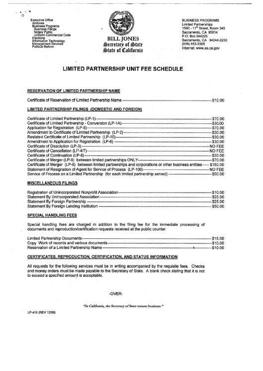 Form Lp-415 - Limited Partnership Unit Fee Schedule - Secretary Of State - California Printable pdf