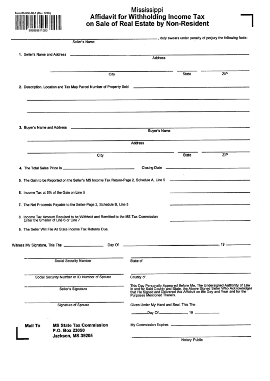 Affidavit For Withholding Income Tax On Sale Of Real Estate By Non-Resident Form - Mississippitax Comission Printable pdf