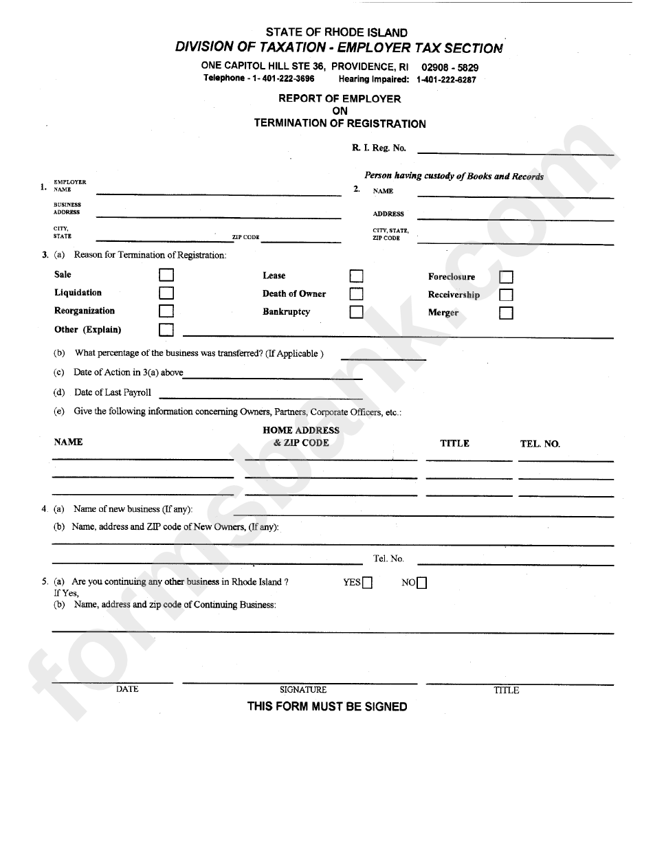 Report Of Employer On Termination Of Registration Form - Division Of Taxation - Rhode Island