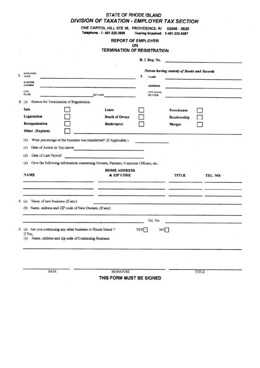 Report Of Employer On Termination Of Registration Form - Division Of Taxation - Rhode Island Printable pdf