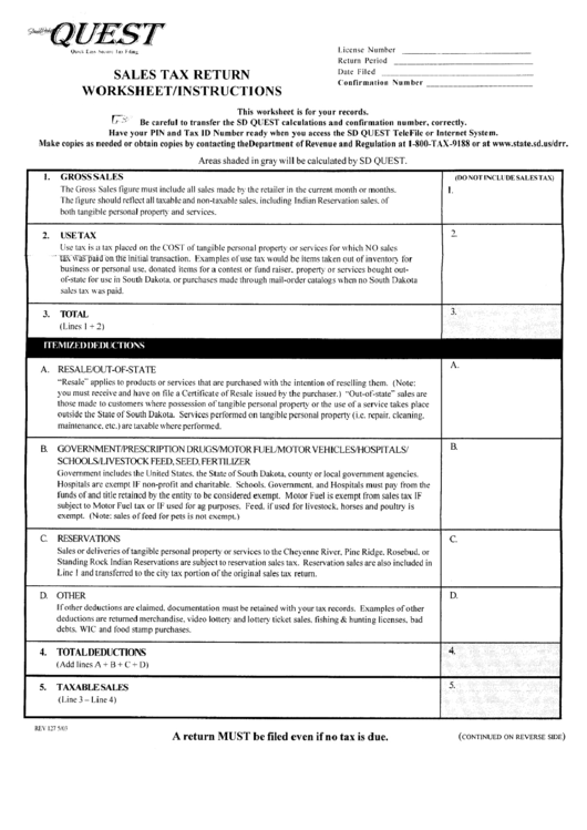 Sales Tax Return Worksheet May 2003 Printable pdf