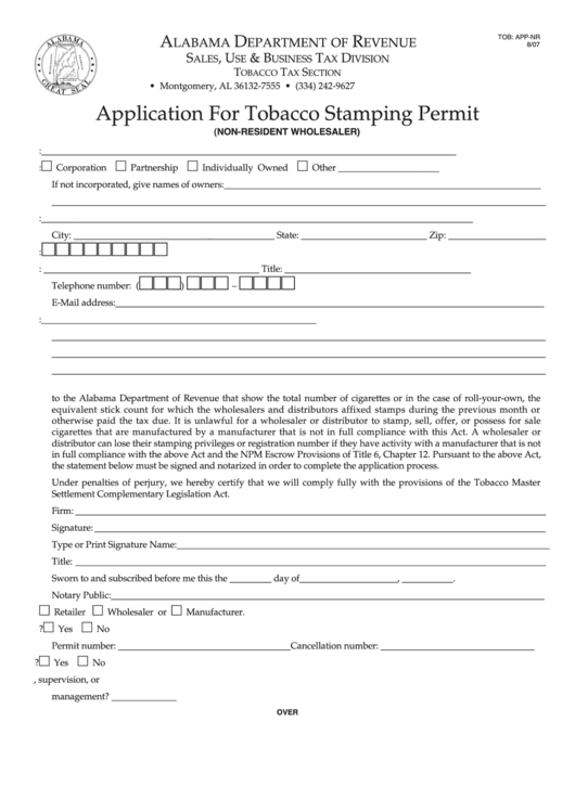 Fillable Form Tob: App-Nr - Application For Tobacco Stamping Permit (Non-Resident Wholesaler) Printable pdf