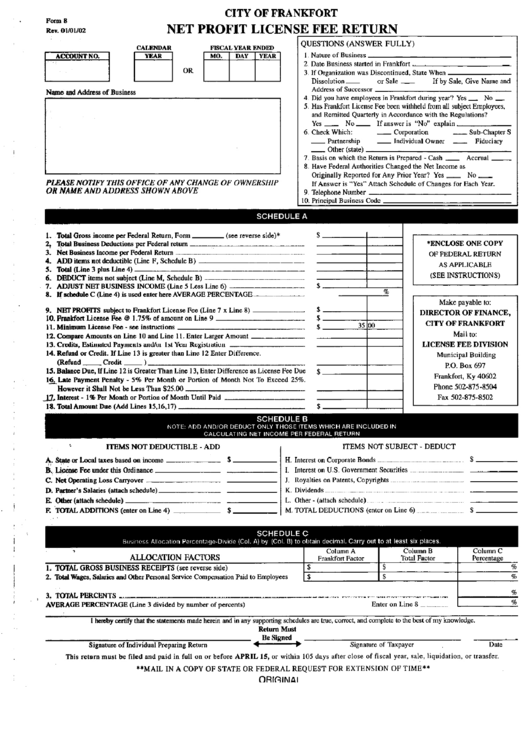 Form 8 - Net Profit License Fee Return January 2002 Printable pdf