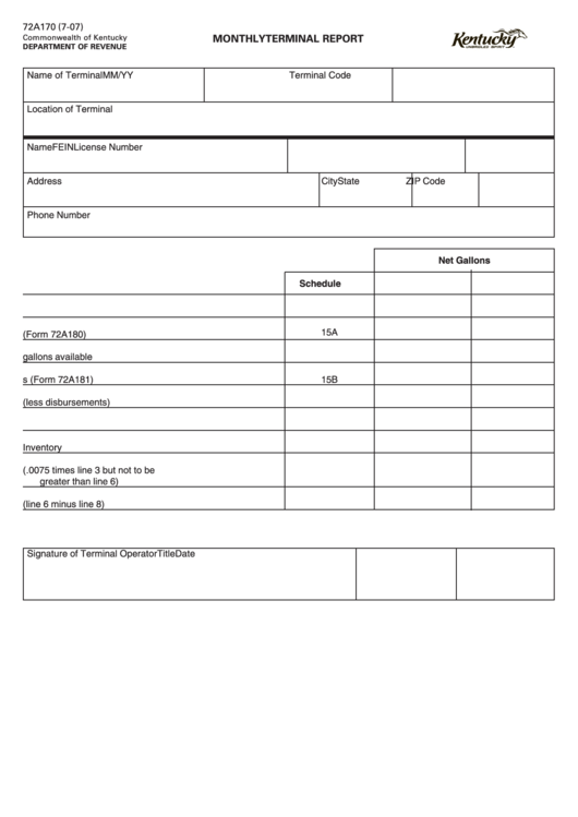 Form 72a170 - Monthly Terminal Report July 2007 Printable pdf