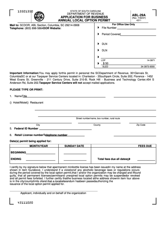 Form Abl-29a - Application For Business Annual Local Option Permit Printable pdf