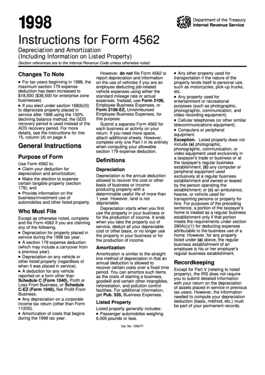 Instructions For Form 4562 - Depreciation And Amortization (including Information On Listed Property- 1998