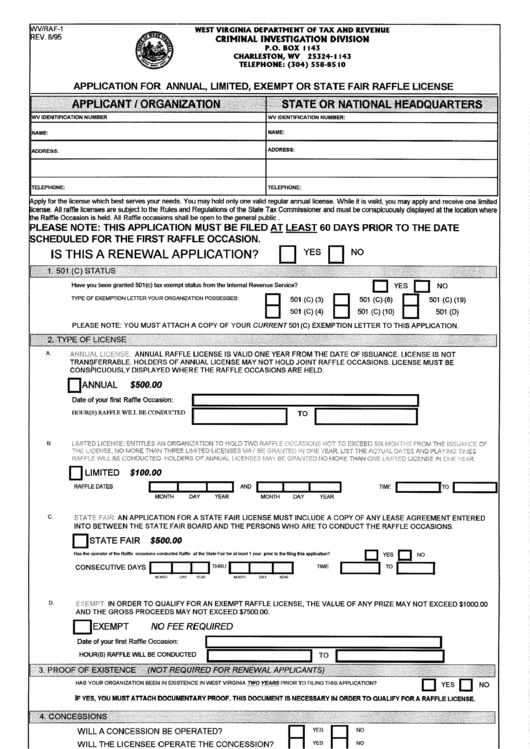 Form Raf-1 - Application Form For Annual, Limited, Exempt Or State Fair Raffle License Printable pdf