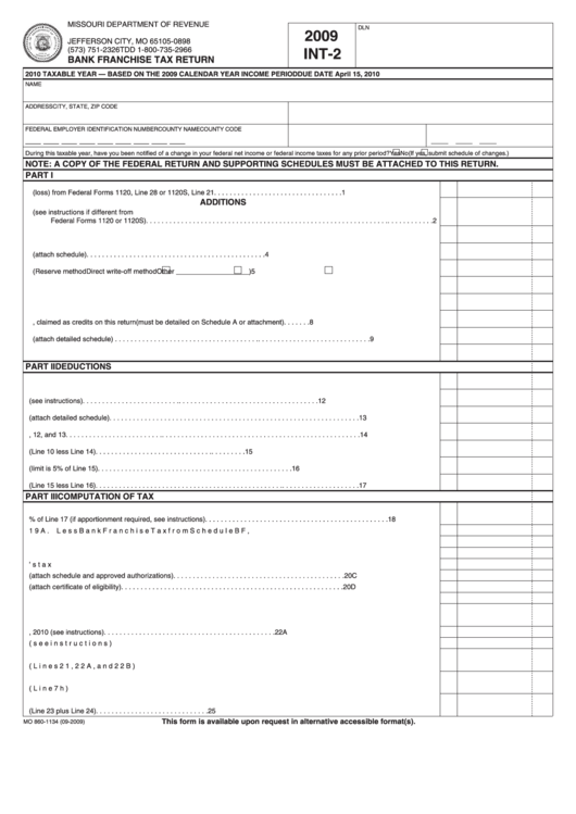 Fillable Form Int-2 - Bank Franchise Tax Return - 2009 Printable pdf