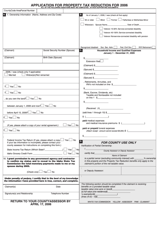 Application Form For Property Tax Reduction For 2006 - State Of Idaho Printable pdf