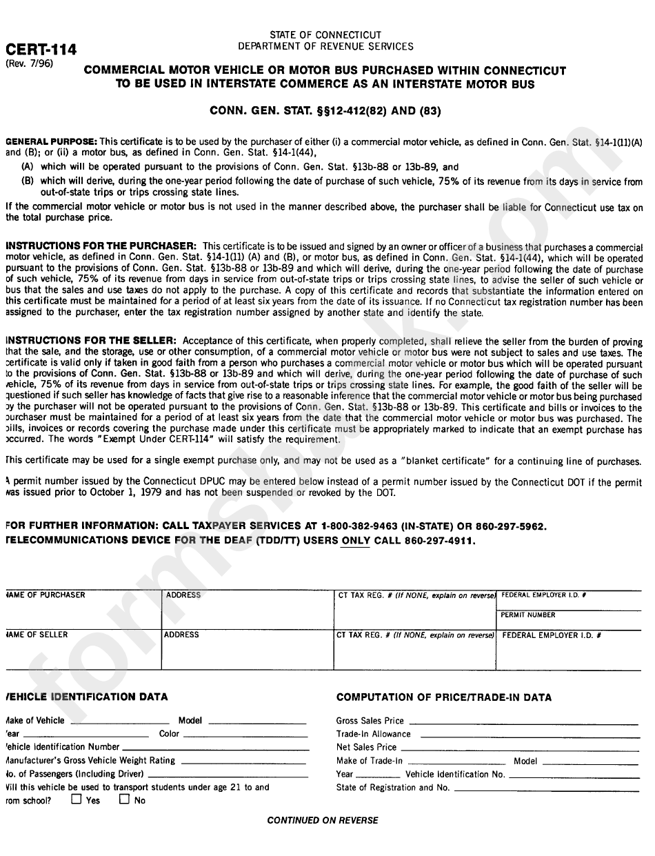 Form Cert-114 - Form For Commercial Motor Vehicle Or Motor Bus Purchased Withing Connecticut To Be Used In Interstate Commerce As An Interstate Motor Bus