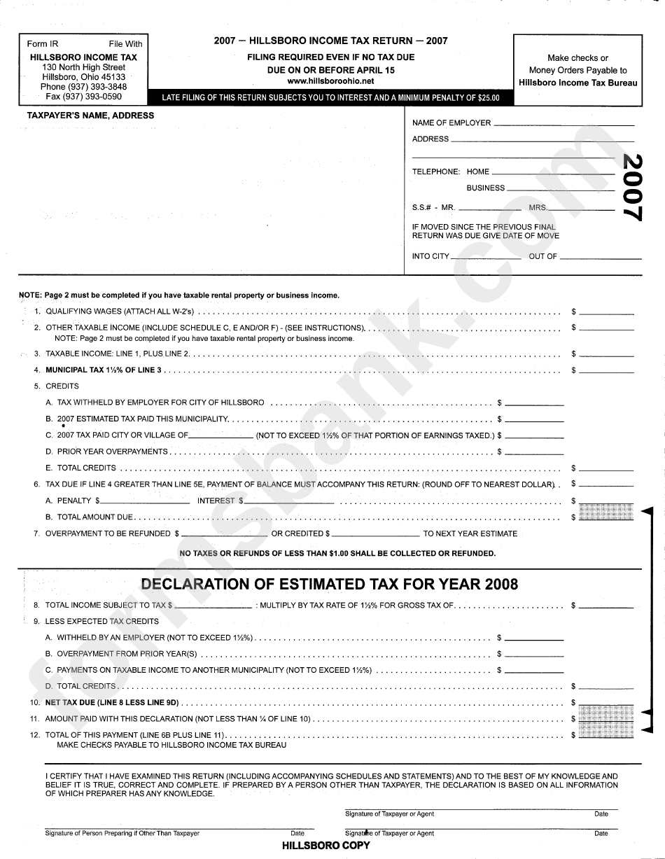 Hillsboro Income Tax Return Form - 2007 - State Of Ohio