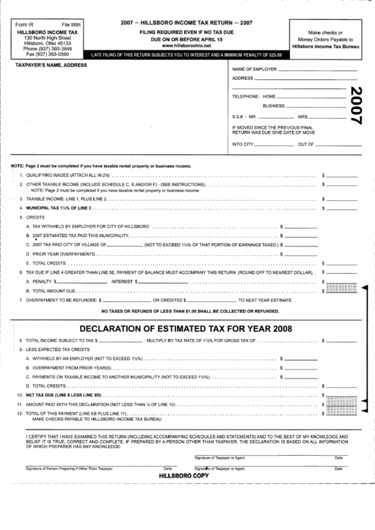 Hillsboro Income Tax Return Form - 2007 - State Of Ohio Printable pdf