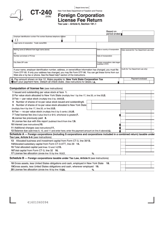Fillable Form Ct-240 - Foreign Corporation License Fee Return - State Of New Tork Printable pdf
