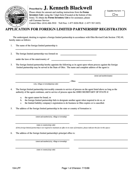 Form 104-Lpf - Application Form For Foreign Limited Partnership Registration Printable pdf