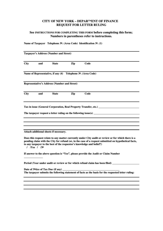 Request Form For Letter Ruling - New York Department Of Finance Printable pdf