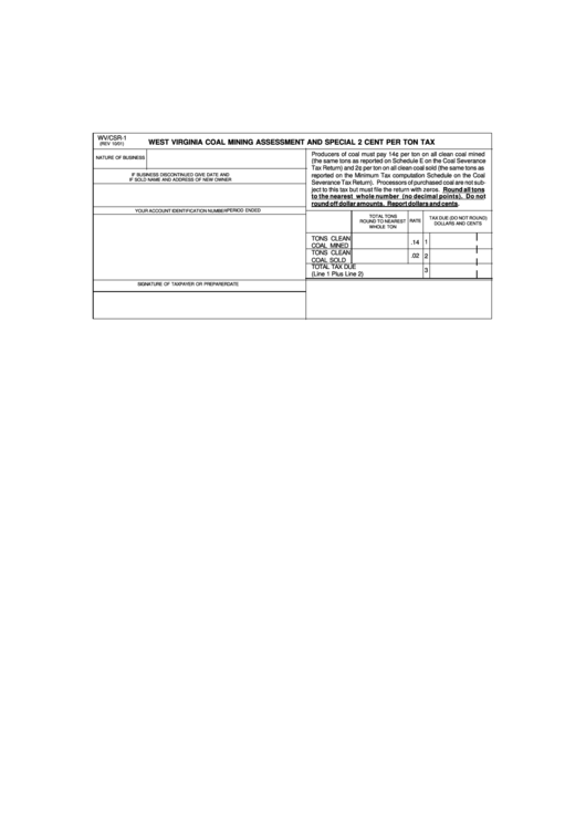 Form Csr-1 - Coal Mining Assessment And Special 2 Cent Per Ton Tax Printable pdf