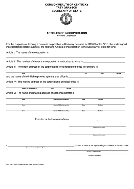 Fillable Form Sos Paoi - Articles Of Incorporation Printable pdf