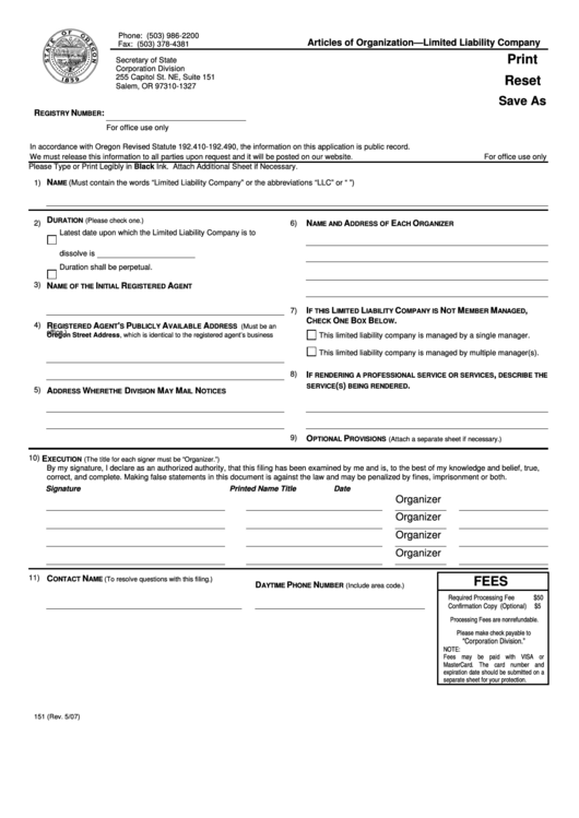 Fillable Form 151- Articles Of Organization - Limited Liability Company - State Of Oregon Printable pdf