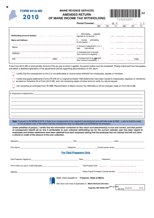 Form 941a-Me - Amended Return Of Maine Income Tax Withholding - 2010 Printable pdf