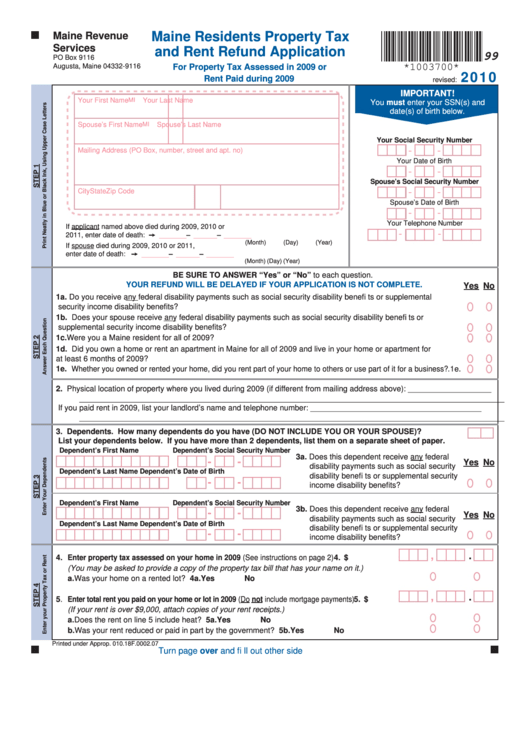 Maine Residents Property Tax And Rent Refund Application Form - 2010 Printable pdf