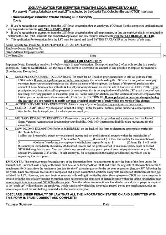 Application For Exemption From The Local Services Tax - Pennsylvania Capital Tax Collection Bureau - 2008 Printable pdf