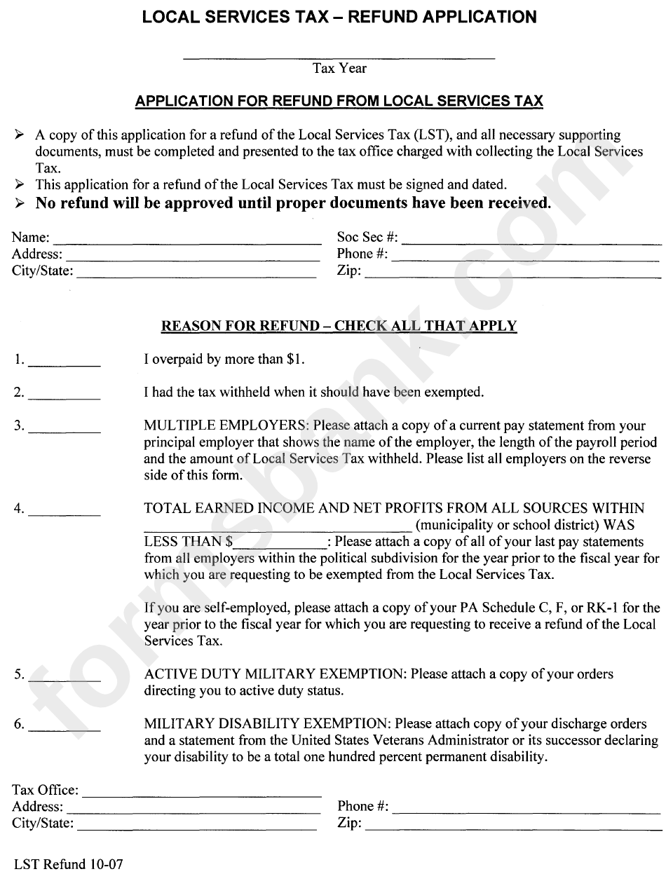 Application Form For Refund From Local Services Tax - 2007