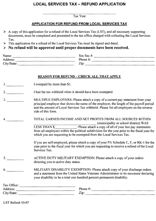 Application Form For Refund From Local Services Tax - 2007 Printable pdf